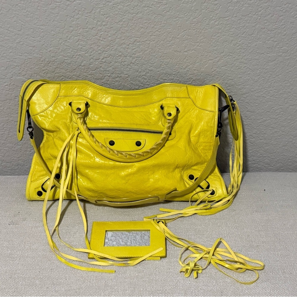Balenciaga Medium Le City Citron Yellow Shoulder Bag with mirror
